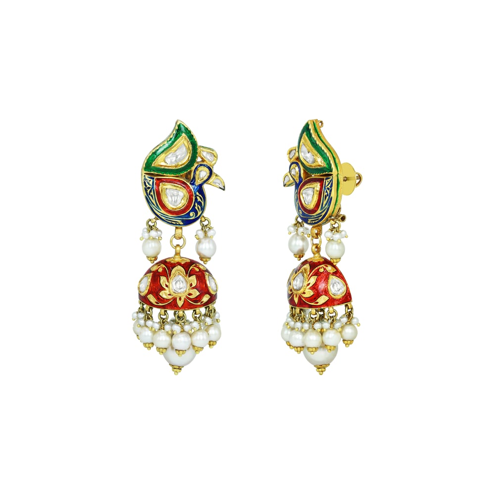 Peacock Motif Enamel Necklace Set with Polki and Pearl Drops